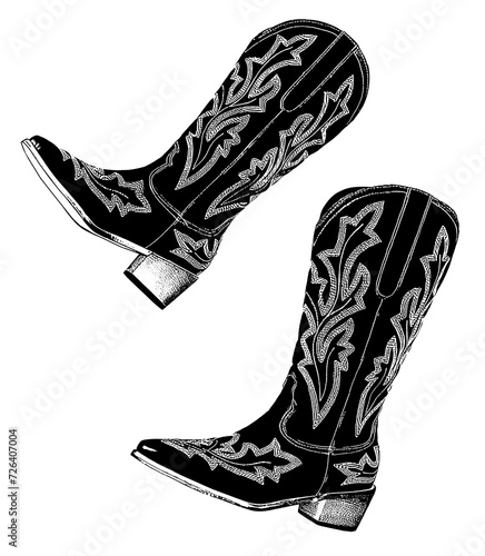 Illustration of a pair of western cowboy boots in black and white photo