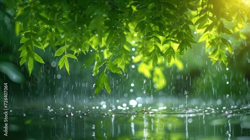 HD photography  close focus  rain  willow  large droplets of water rippling into the water 