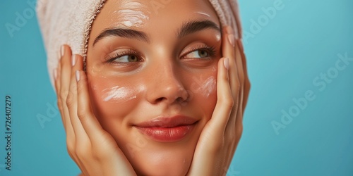 Young beautiful smiling woman takes care of her face skin. Woman with face cream. Portrait of a woman with a towel on her head on a blue background. Banner with space for text.