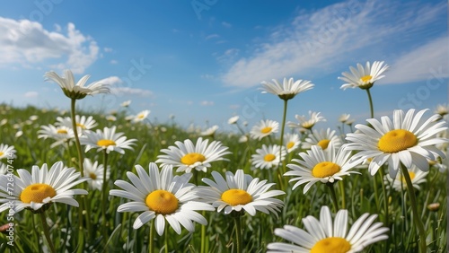 Lovely springtime background with daisy-filled field in bloom and a calm blue sky