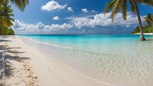 panoramic white sand beach and azure skies in a coastal paradise; banner format; copy space