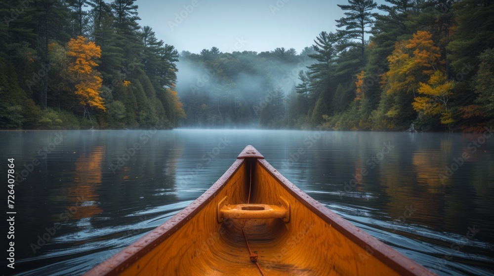 Bow of a canoe in the morning on a misty lake in Ontario, Canada. 