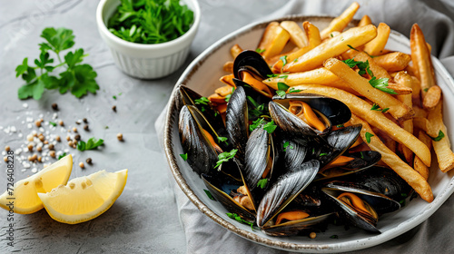 Moules frites, mussels are steamed with celery, leeks and butter and fried potatoes, Belgian national cuisine, Traditional assorted Asia dishes, Top view. photo