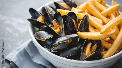 Moules frites, mussels are steamed with celery, leeks and butter and fried potatoes, Belgian national cuisine, Traditional assorted Asia dishes, Top view.