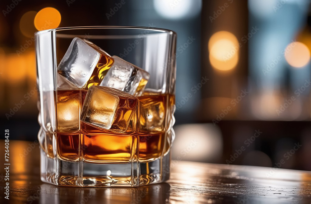 Glass with rum and ice on a background with bokeh. Glass with rum and ice on a background with bokeh.