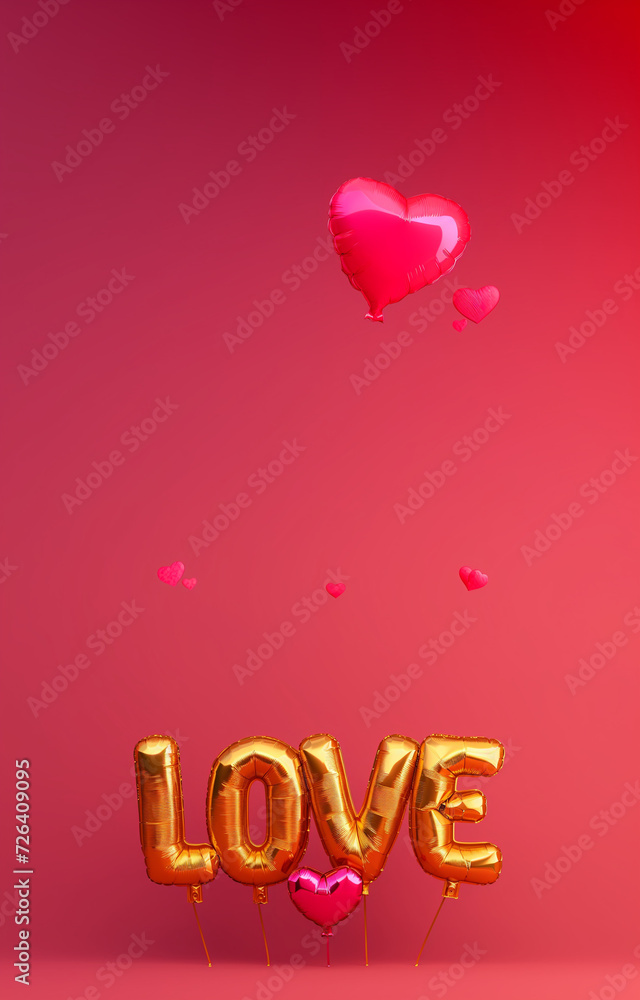 Hearts pink balloon helium metallic, love golden letters, pink color background, decoration happy valentine 14 fourteen february, anniversary, wedding, engagement. Vertical orientation