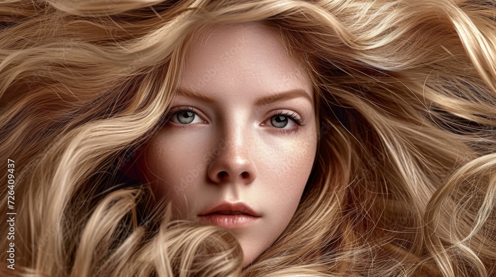 Young woman with long hair in fashion editorial style. Hair blowing in the wind. Trendy hair style