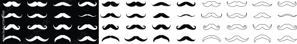 Hipster mustache icon set. Different flat or line vector collection isolated on transparent background. Black silhouette of adult man Italian moustache. Symbol of Fathers day.old facial hair styles. Hipster mustache icon set. Different flat or line vector collection isolated on transparent background. Black silhouette of adult man Italian moustache. Symbol of Fathers day.old facial hair styles.