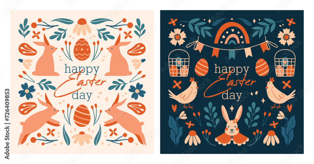Set of square Easter cards, banners, invitation templates. Happy Easter Day. Vector illustrations with easter bunny, rabbit, egg, hen, flower, plant, berries, bunting flags, rainbow, lettering, text.