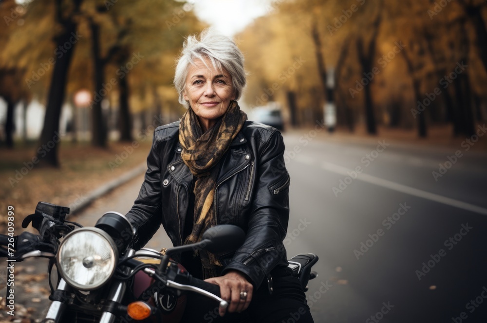 Old Person Riding Motorcycle An adventurous elderly woman embraces a modern lifestyle as she travels ...