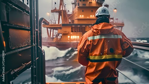 oil rig or natural gas rig at sea in extreme weather.	 photo