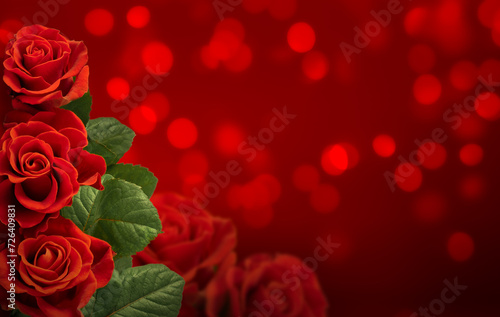 Valentine s Day card with roses bouquet on abstract red background with glowing bokeh and empty copy space.