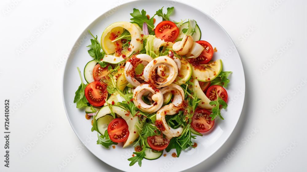 Salad with squid rings. Top view. Image for cafe menu, Banner Salad with squid rings. Top view. Image for cafe menu, Banner