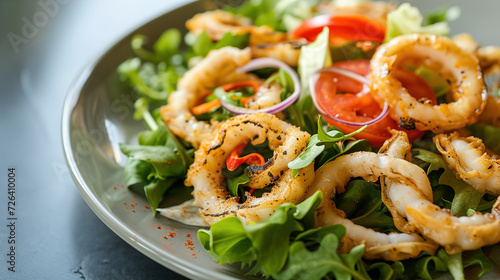 Salad with squid rings. Top view. Image for cafe menu, Banner