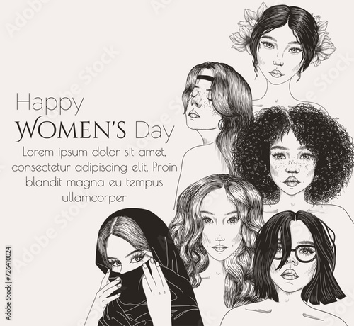 Vector illustration for International Women's Day. Girls of different nationalities in engraving style