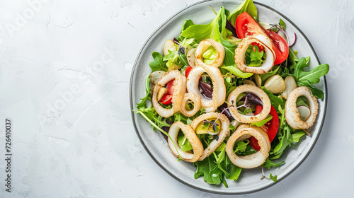 Salad with squid rings. Top view. Image for cafe menu, Banner