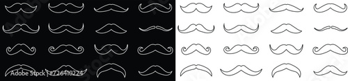 Hipster mustache icon set. Different line vector collection isolated on transparent background. Black silhouette of adult man Italian moustache. Symbol of Fathers day.old facial hair styles.