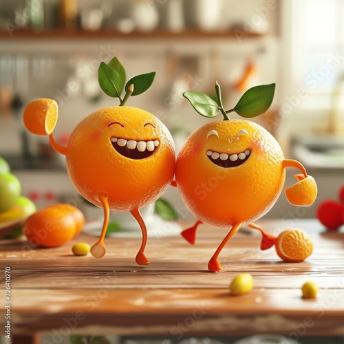 Two animated oranges, complete with arms and legs and adorable faces, sit atop a table among other natural foods like grapefruit and other citrus fruits, bringing a playful and whimsical touch to an  photo