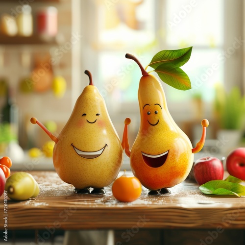 Two pears, their friendly faces peeking out from a sea of produce on an indoor table, bring a touch of whimsy and natural beauty to this still life, surrounded by vibrant fruits like an apple photo