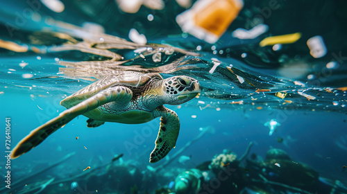 A sea turtle swims among the debris in the water. The concept of ocean pollution. against the background of the sea.