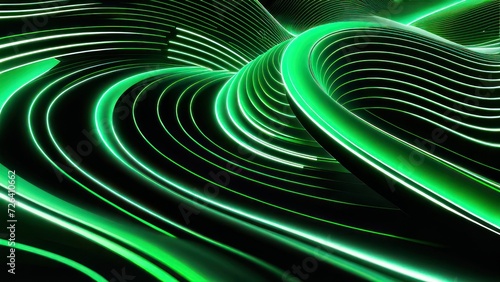 3d render  abstract wallpaper. Digital data transfer. Green glowing lines over black background. Streaming energy. Particles moving and leaving tracks. Scientific waves and vortex. generative  ai.