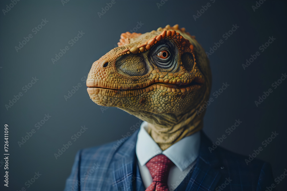 Dinosaur animal in a business suits at the studio on isolated background. Generative Ai