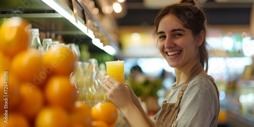 Happy young woman enjoying fresh juice at a local market. captures the essence of healthy living and casual style. perfect for lifestyle content. AI