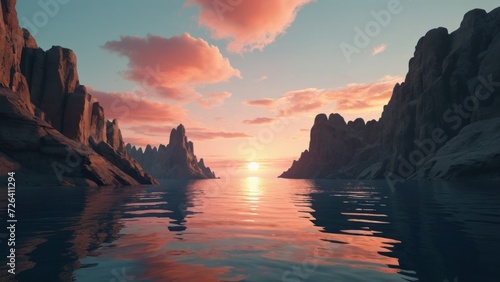 3d render, futuristic landscape with cliffs and water. Modern minimal abstract background. Spiritual zen wallpaper with sunset or sunrise light. generative, ai.