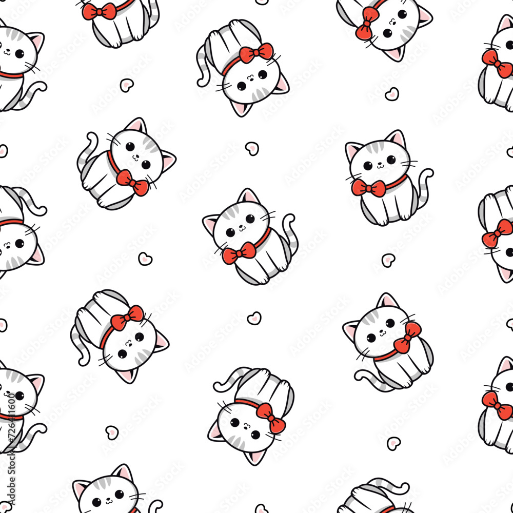 Kawaii cat face with a bow. Seamless Pattern. Print for poster, cover, packaging, t-shirt Print