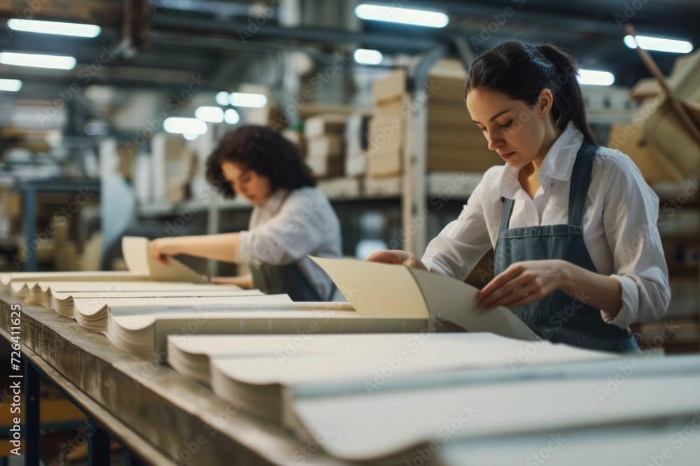 Two women working on a piece of paper in a factory. Suitable for business, teamwork, and office-related concepts Two women working on a piece of paper in a factory. Suitable for business, teamwork, and office-related concepts