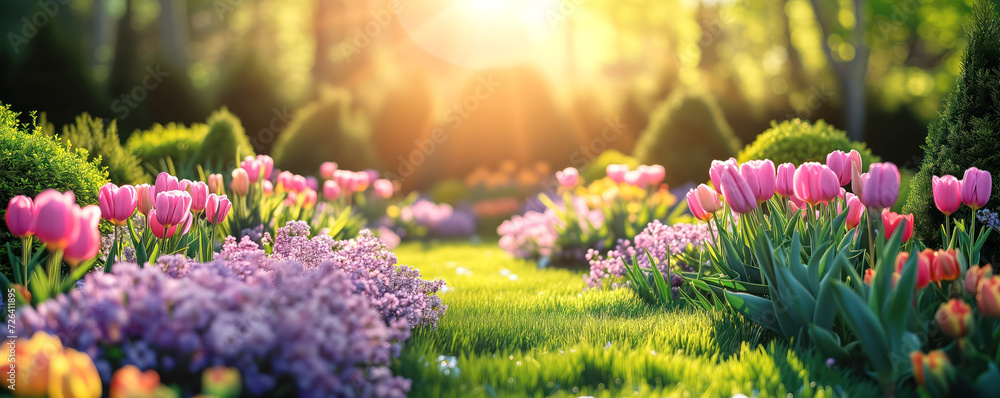 Close-up panoramic view of the beautiful blooming tulips in coniferous garden in spring. - obrazy, fototapety, plakaty 