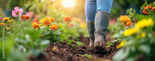 Woman in rubber boots walking in her garden between planting seedlings of young flowers. Gardening concept. photo