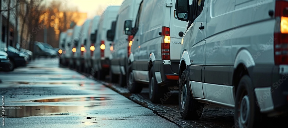 Row of white commercial delivery vans for transporting service company with copy space Row of white commercial delivery vans for transporting service company with copy space