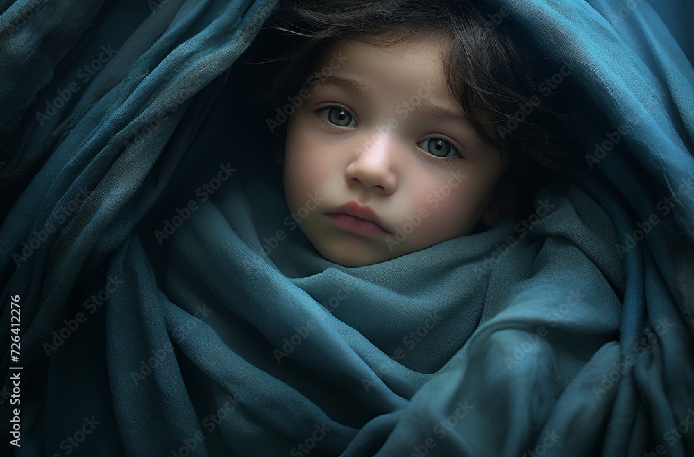 A curious toddler gazes out from beneath a soft blue blanket, his innocent face illuminated by the warm indoor light A curious toddler gazes out from beneath a soft blue blanket, his innocent face illuminated by the warm indoor light
