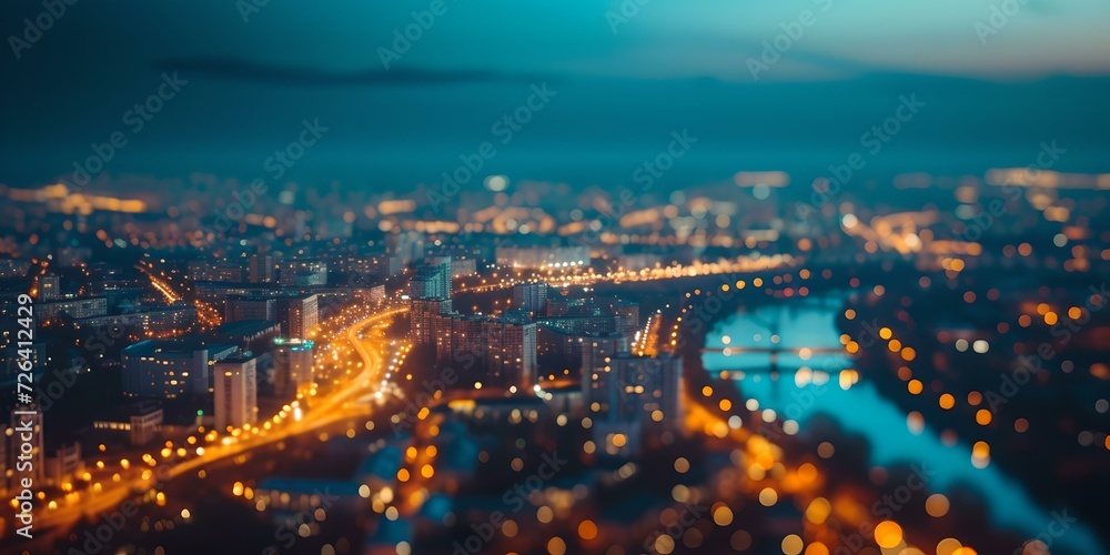 Cityscape at night with glowing lights and river. urban photography with a bokeh effect captures the vibrancy of a bustling city after dark. AI