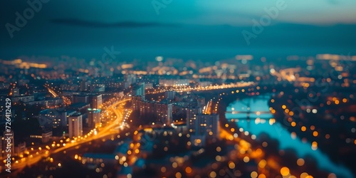 Cityscape at night with glowing lights and river. urban photography with a bokeh effect captures the vibrancy of a bustling city after dark. AI