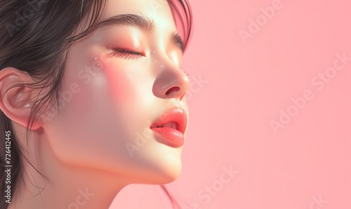 Portrait of a young beautiful Asian woman with perfectly healthy clean skin on a pink background. Horizontal beauty banner skin care concept with space for text.