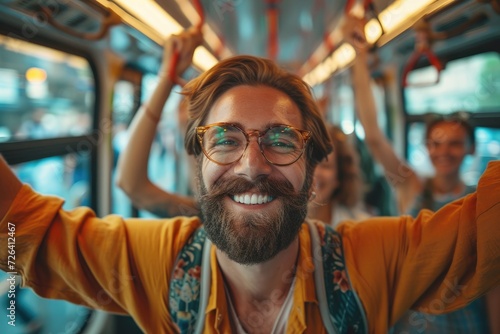 A joyful man using public transportation to work. Generative Ai.