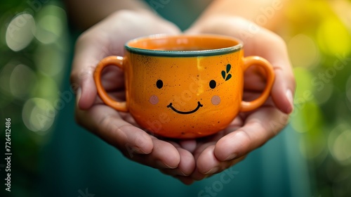 Joyful morning with hands holding a coffee cup and a happy face, spreading positivity.