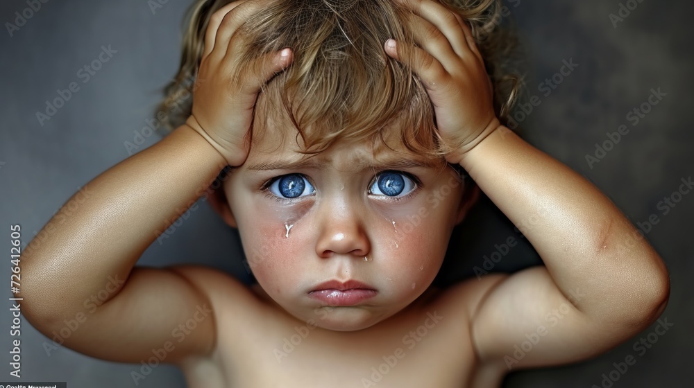 Close up portrait of a tearful toddler boy with a sad expression and streaming tears Close up portrait of a tearful toddler boy with a sad expression and streaming tears