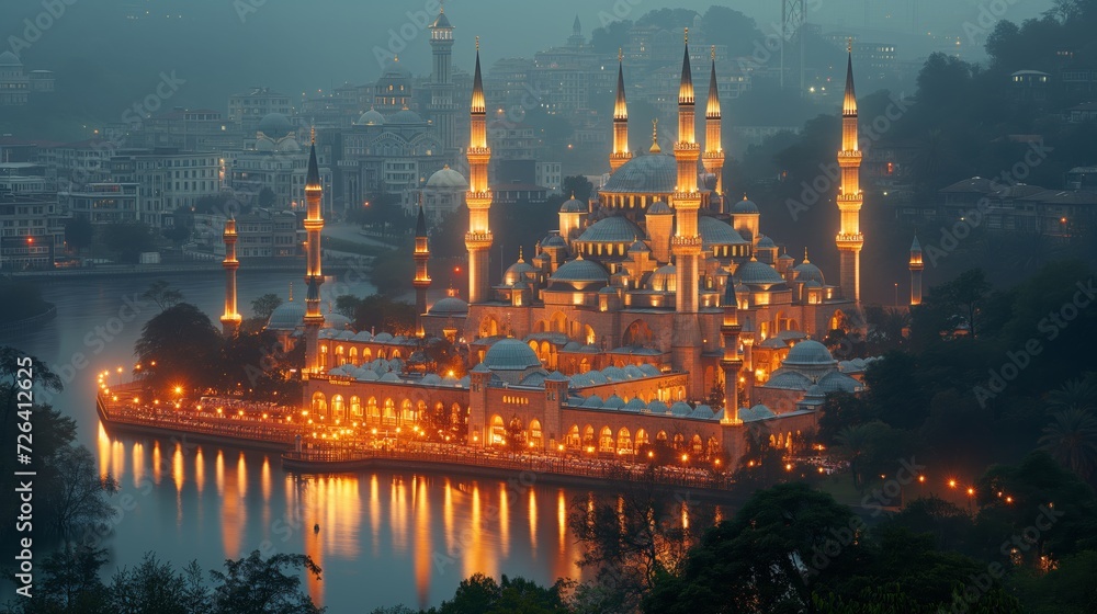 Fototapeta premium Illuminated Facade of a Large Mosque