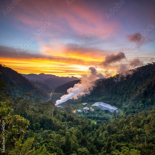 Smoke from breakfast at Sunrise in Base Camp in Indonesian Jungle