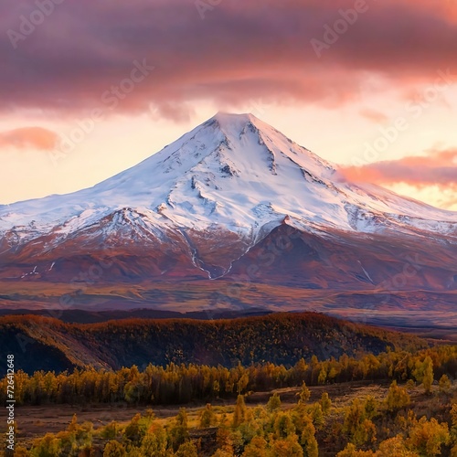 The Avachinsky volcano in Kamchatka in the autumn with a snow-covered top. Selective focus