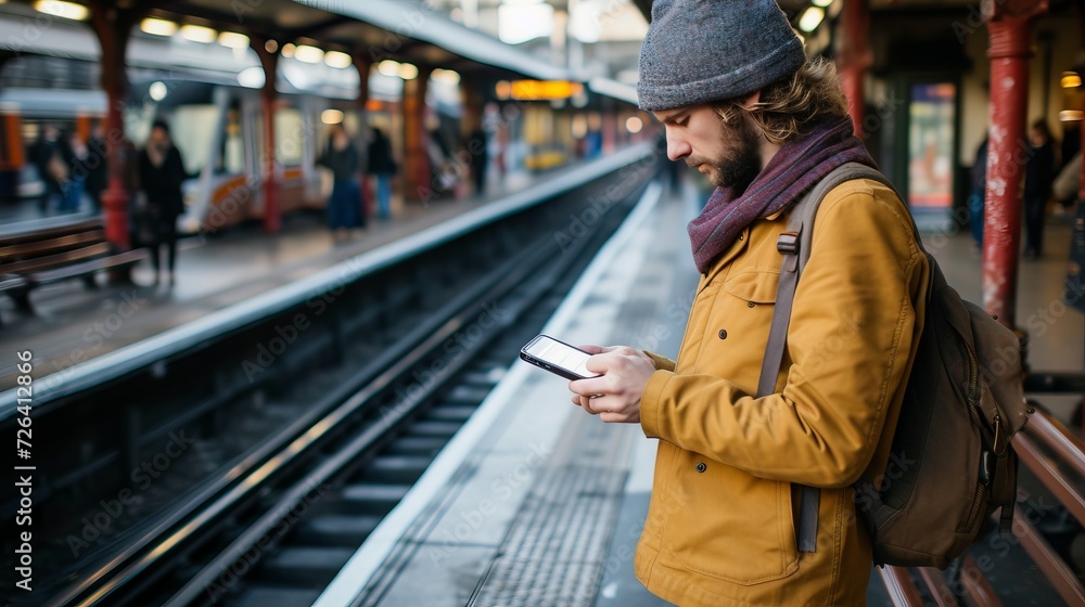Young man standing on train station platform using mobile phone for communication and information Young man standing on train station platform using mobile phone for communication and information
