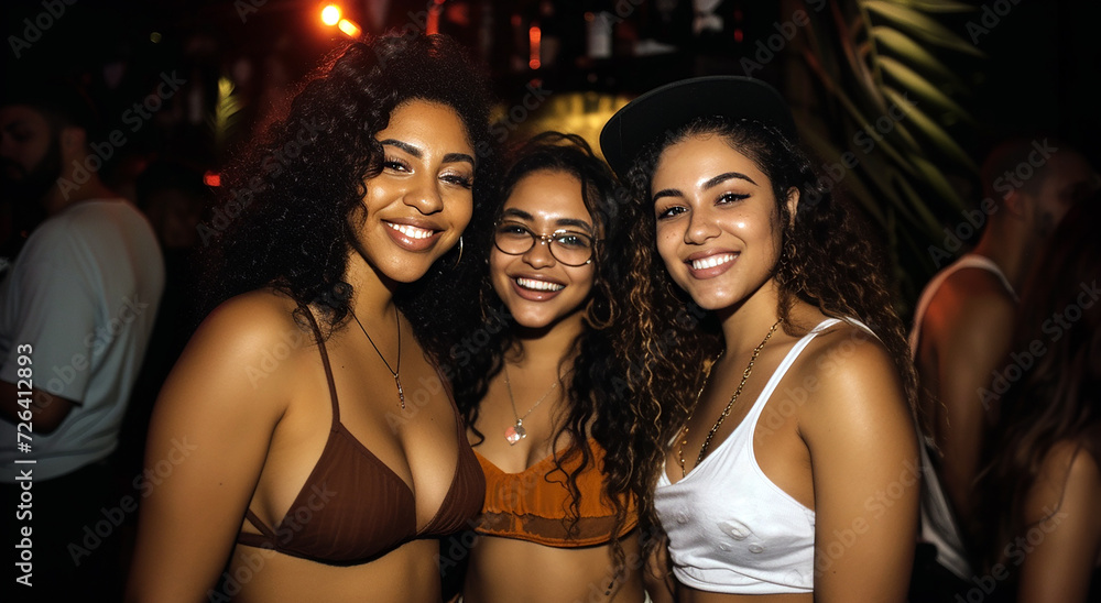Three attractive Hispanic women standing close together and smiling in a night club. Party women. Three attractive Hispanic women standing close together and smiling in a night club. Party women.