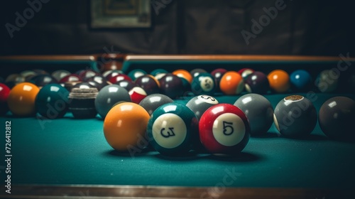 A skilled pool player lines up their cue stick, ready to sink the blackball in a game of billiards, surrounded by the familiar sights and sounds of the recreation room photo