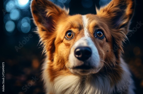 A loyal collie with a rich brown snout gazes intently  embodying the loving and faithful nature of canines