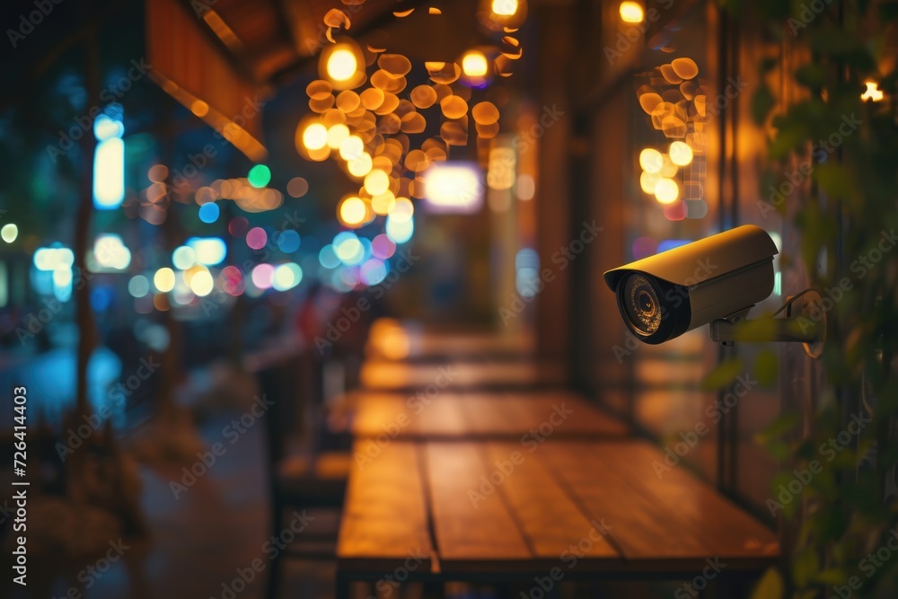 A surveillance camera placed on a wooden table. Suitable for security, technology, or monitoring concepts