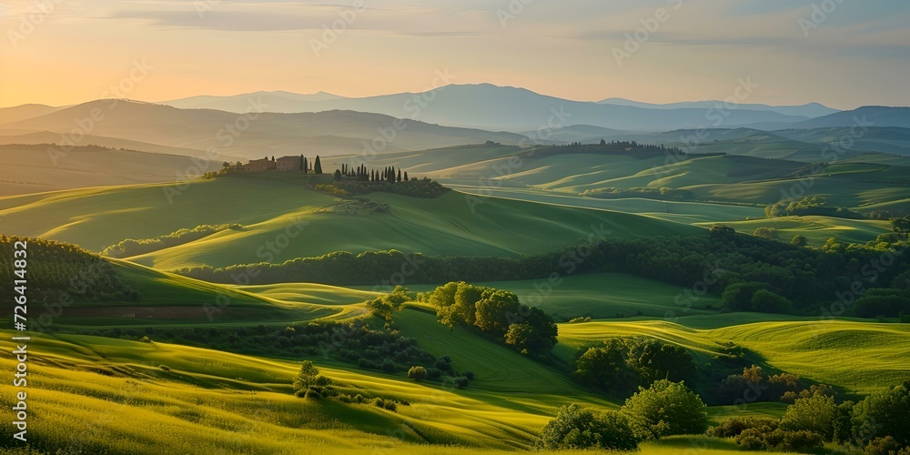 Peaceful rolling hills at sunrise, lush greenery and trees. ideal for tranquil nature scenes. rural landscape and outdoor beauty in nature. AI