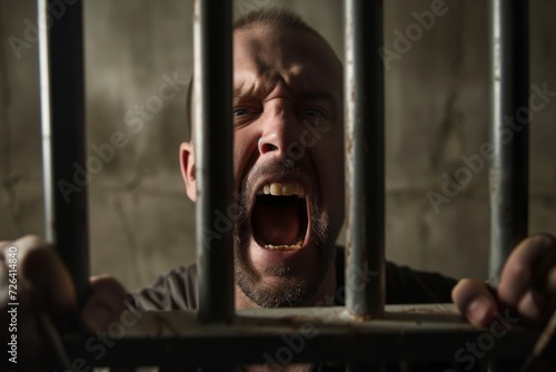 agitated prisoner yelling through prison bars photo